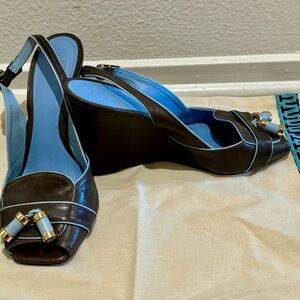 Tory Burch Black and Blue Wedge Shoes with Metallic Accents
